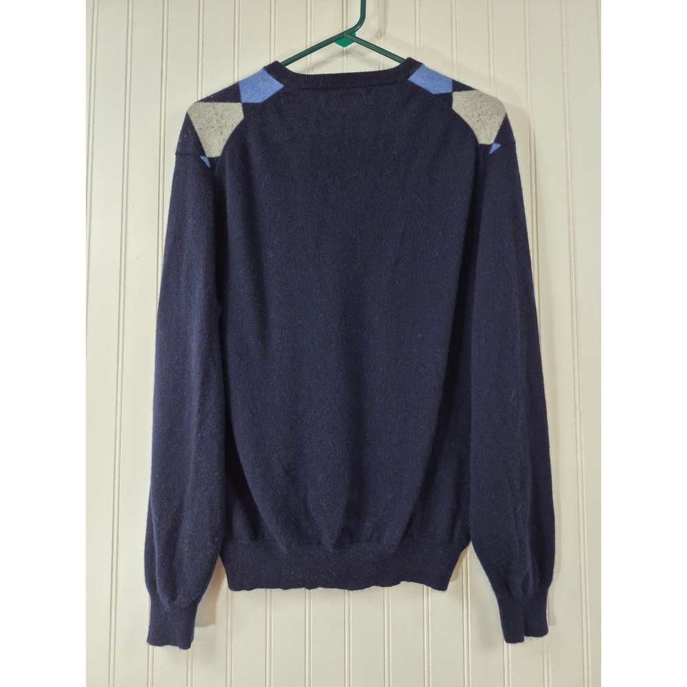 Tasso Elba Mens 100% Cashmere Argyle‎ V-Neck Sweater Navy Grey Large Preppy - Picture 2 of 9